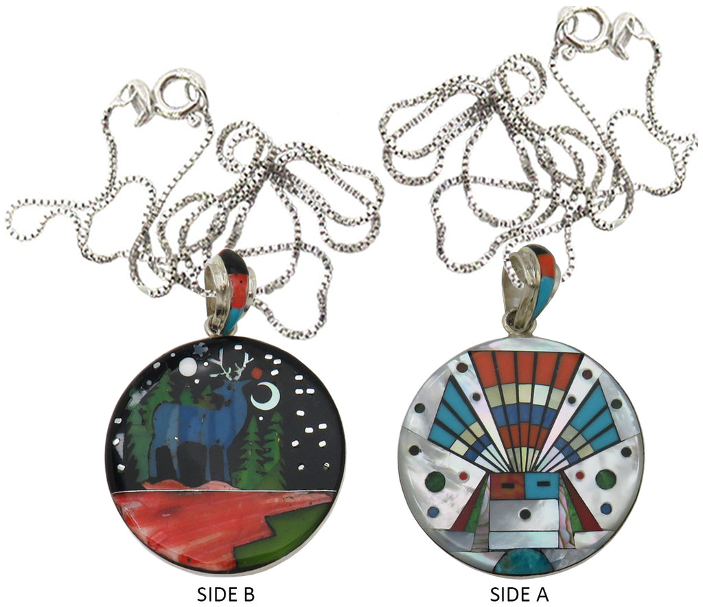 Native American Navajo Sterling Silver Multi Stone Inlay 2 Sided Disc Shape Corn Maiden Pendant with 18" Sterling Silver Chain