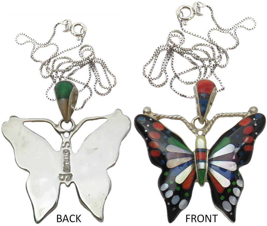Native American Multi Stone Inlay Butterfly Pendant with 18" Chain
