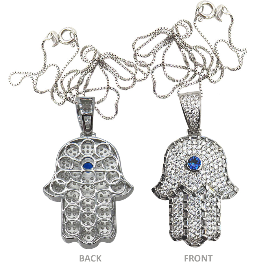 Iced Out Bling Sterling Silver Hamsa Pendant with 20" Chain