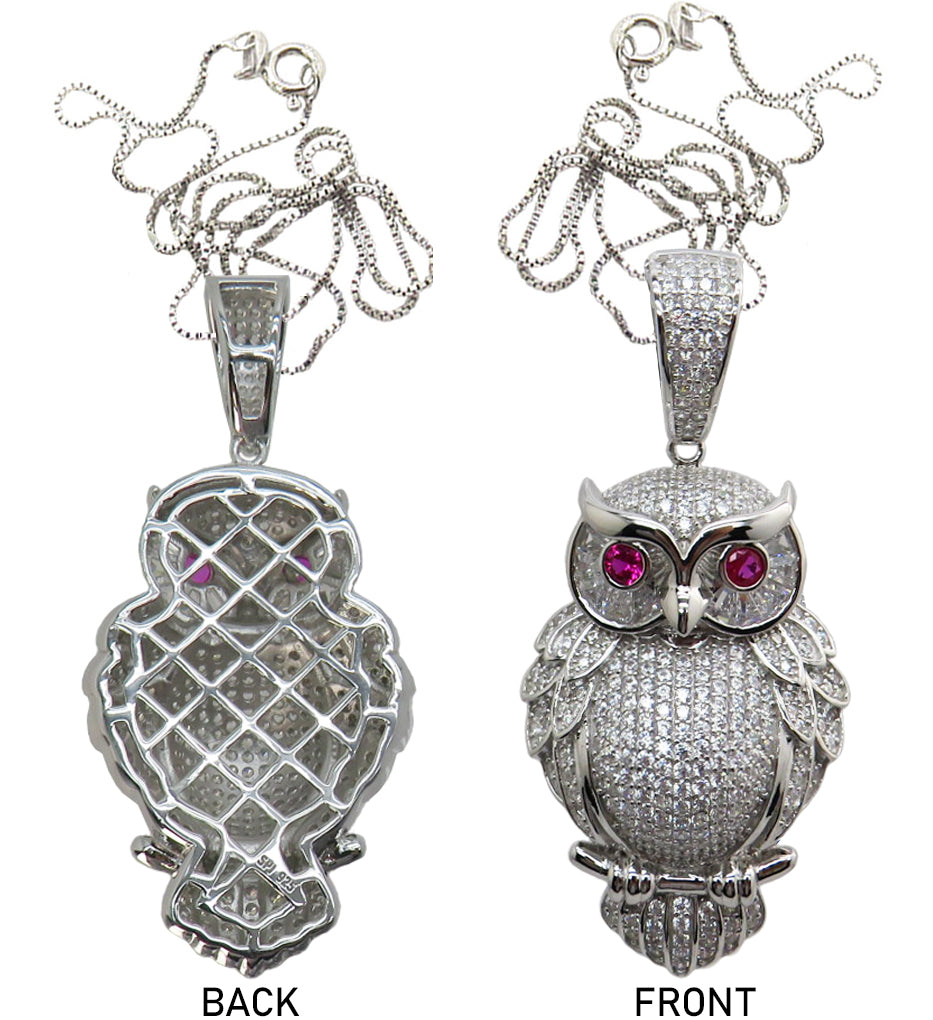 Iced Out Bling Sterling Owl Pendant with 20" Chain