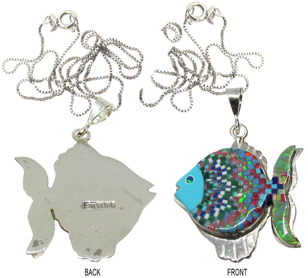 Multi Stone Inlay Sterling Silver Pendant with Chain, Fish