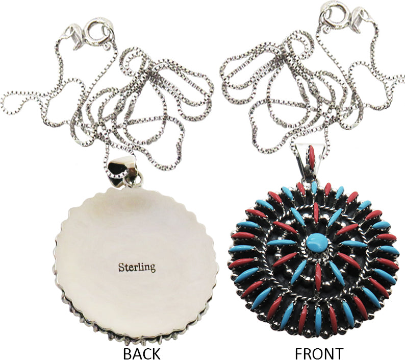 Native American Navajo Sleeping Beauty Turquoise Coral Round Pendant chain