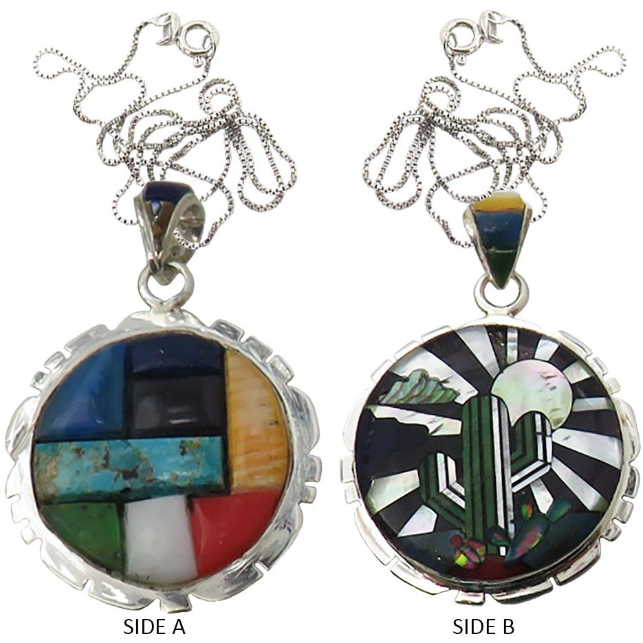 Native American Zuni Multi Stone Inlay Two Sided Pendant Chain