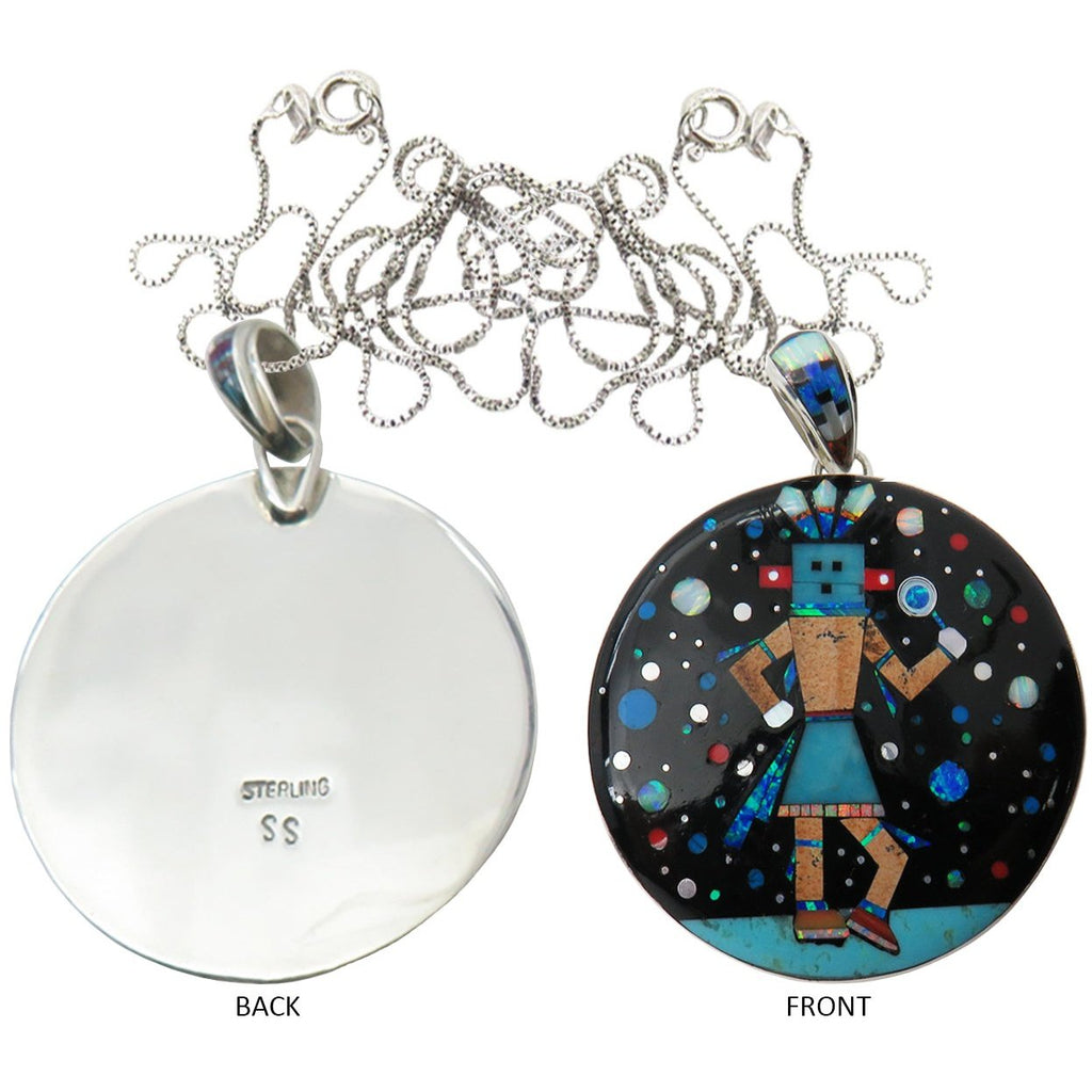 Native American Multi Stone Inlay Dancer Pendant Sterling Silver Chain