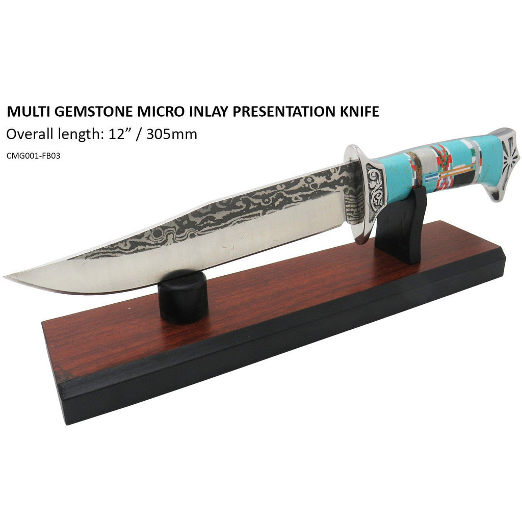 Southwestern Gemstone Micro Inlay Fixed Blade Knife w/Stand,