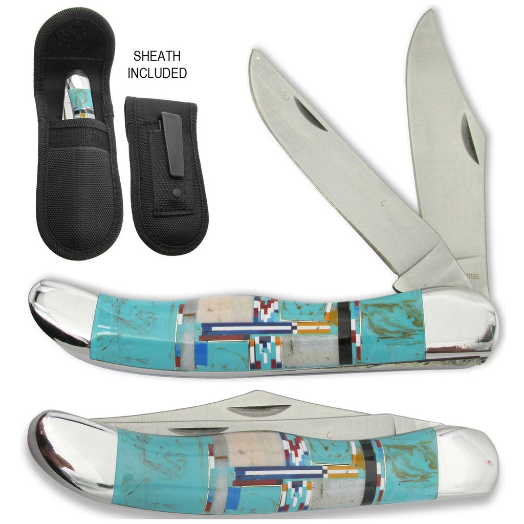 Southwestern Gemstone Inlay Large Blade Folding Knife Sheath