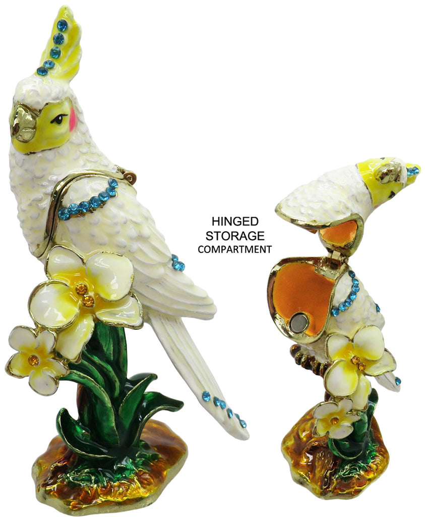 Cockatoo Jeweled Trinket Box with Austrian Crystals, White