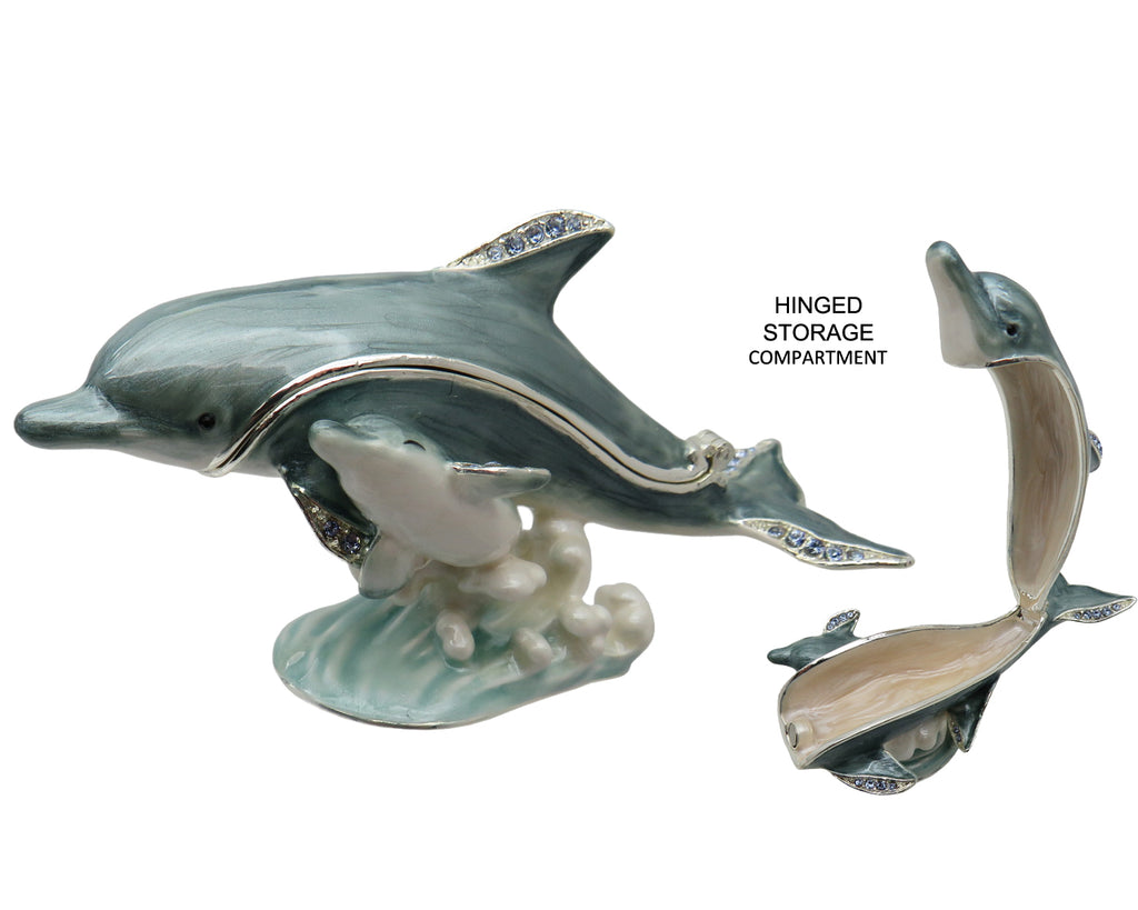 Dolphin Baby Jeweled Trinket Box Austrian Crystals, Light Blue