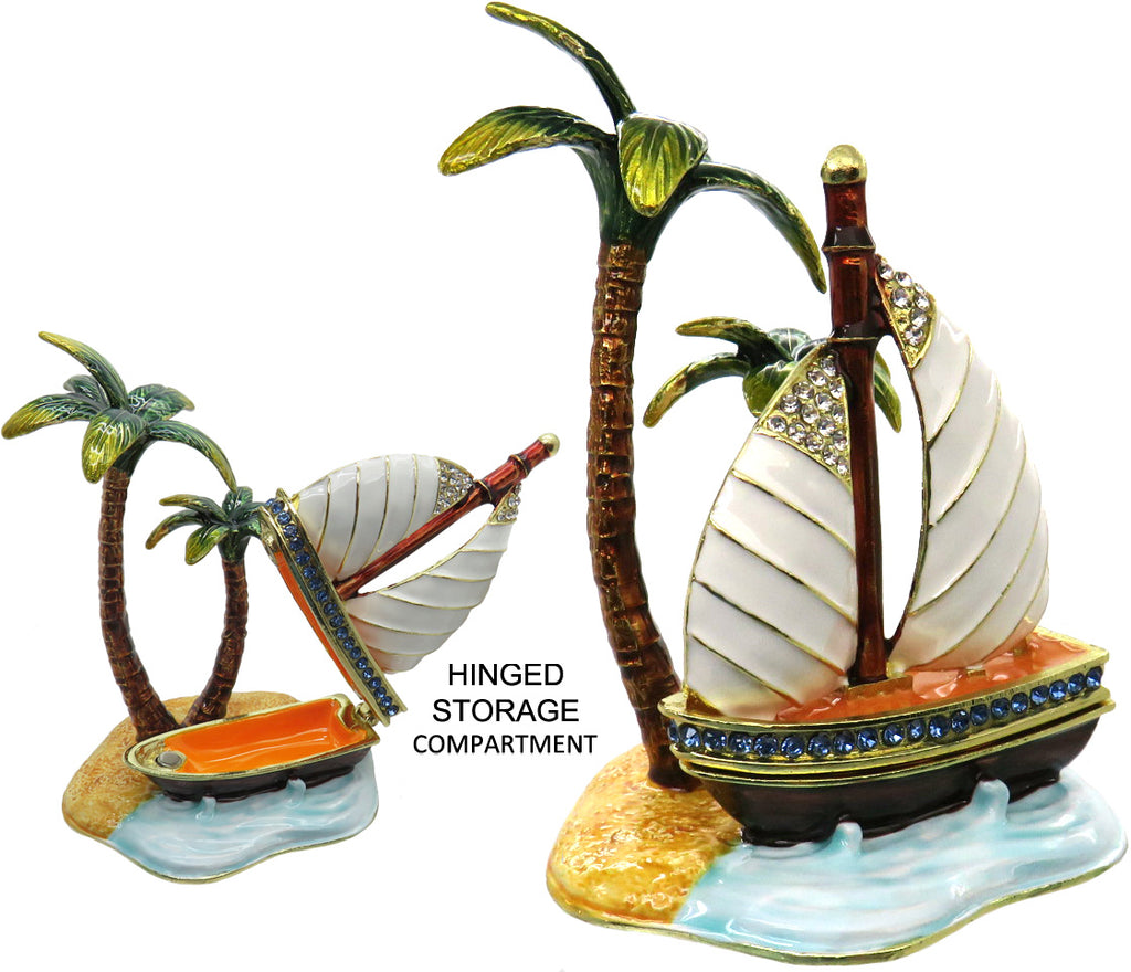 Sailboat & Palm Trees Jeweled Trinket Box with Austrian Crystals