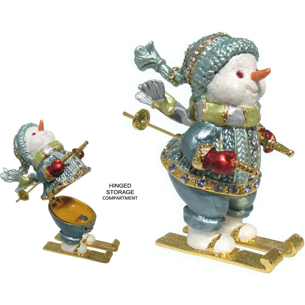 Skiing Snowman Jeweled Trinket Box Austrian Crystals