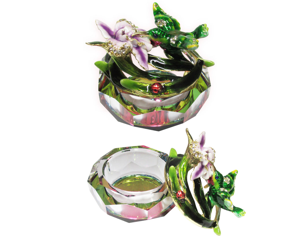 Hummingbird Glass Jeweled Trinket Box