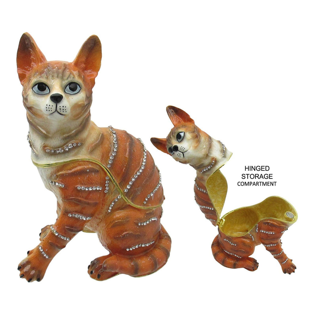 Large Orange Cat Jeweled Trinket Box Austrian Crystals