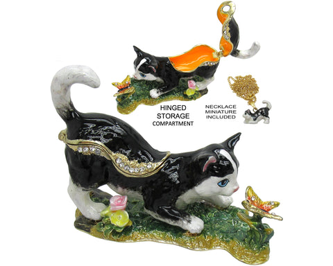 Cat Butterfly Jeweled Trinket Box Austrian Crystals, Black