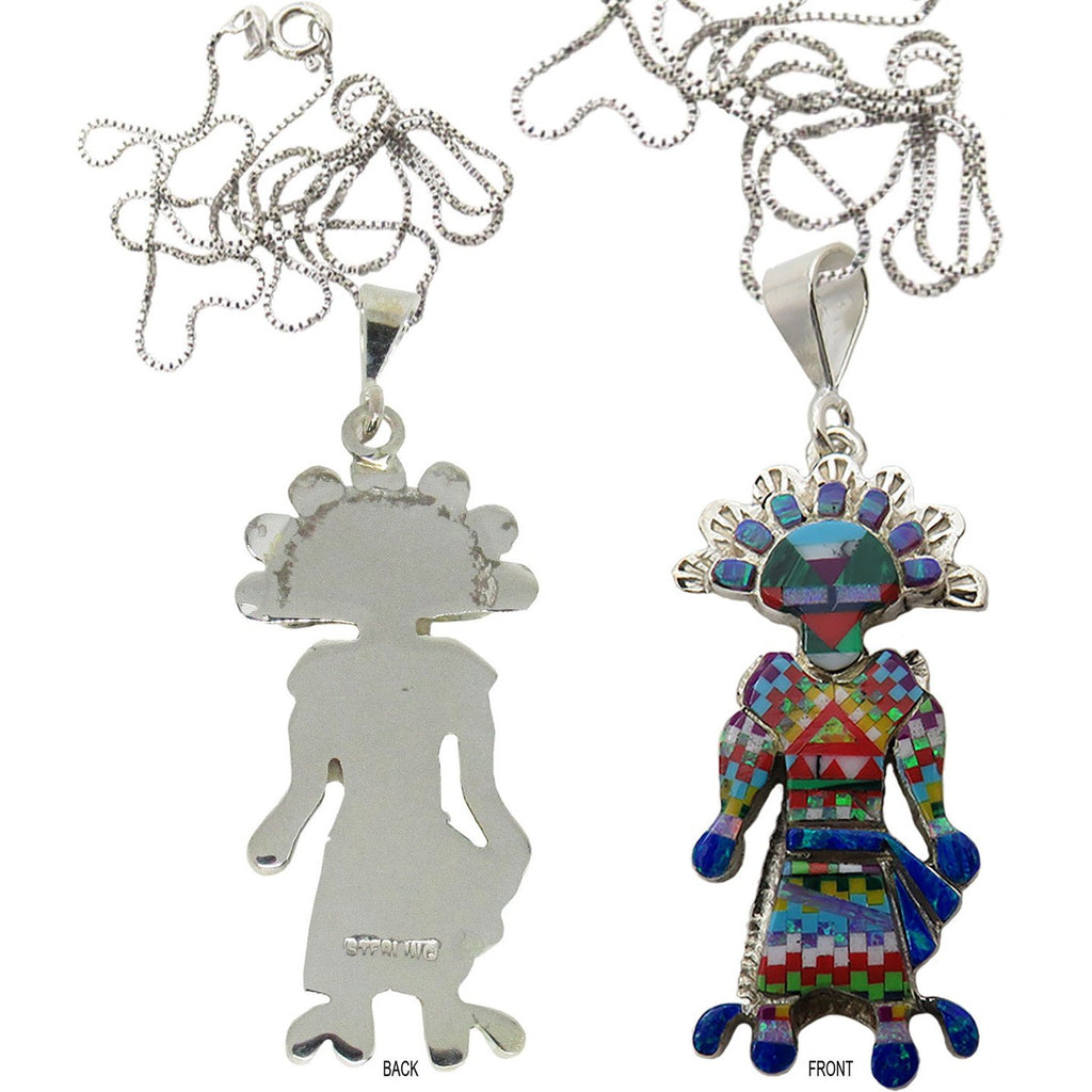 Multi Stone Inlay Sterling Silver Pendant Chain, Kachina