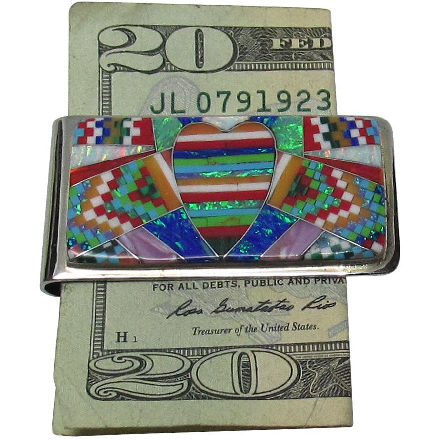 Money Clip, Native American Zuni Multi Stone Inlay,