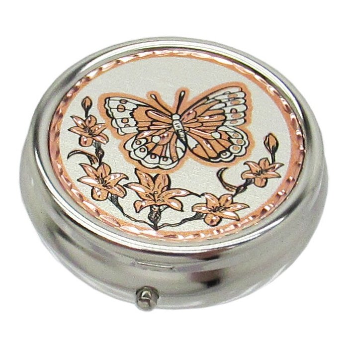 Southwestern Pill Box, Diamond Cut Copper Medallion Inlay, Butterfly