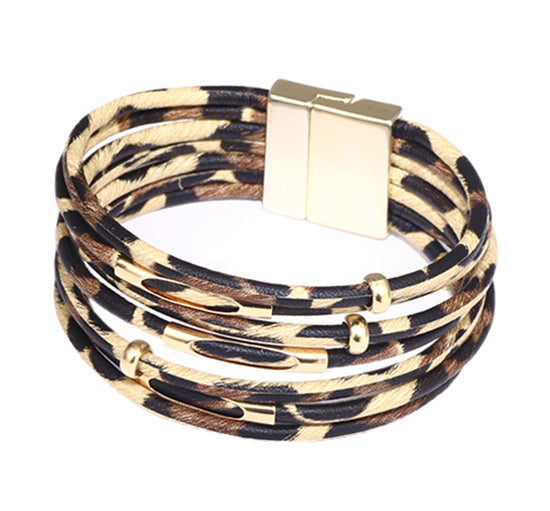 Multi-Layer Wrap Bracelet, Magnetic Clasp, Leopard Print, Gold/Brown