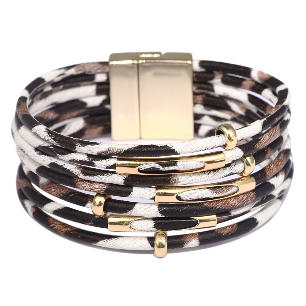 Multi-Layer Wrap Bracelet, Magnetic Clasp, Leopard Print, White/Brown