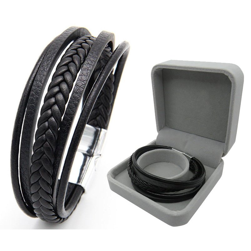 Leather Multilayer Magnetic-Clasp Braided Wrap Bracelet Gift Box, Black