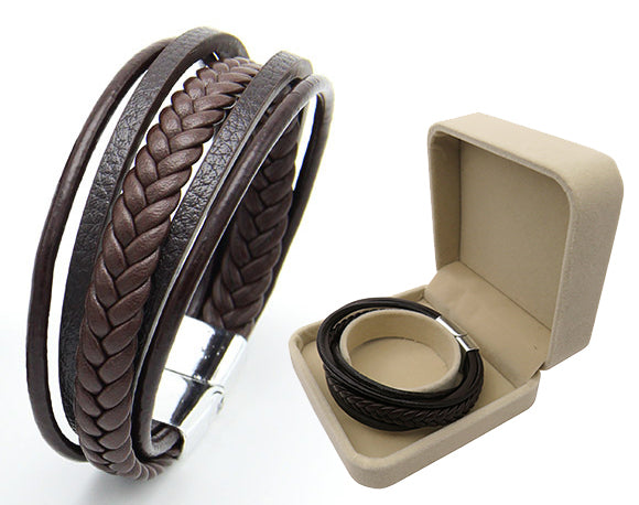 Leather Multilayer Magnetic-Clasp Braided Wrap Bracelet Gift Box, Brown