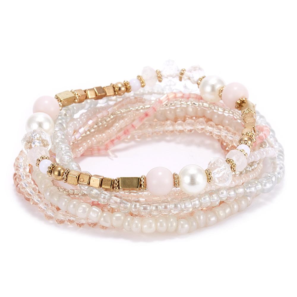 Bracelet Set, Crystal Seed Beads, Boho, pc, Pink