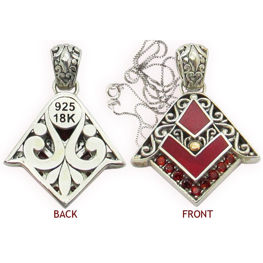Sterling Silver Red Coral Garnet Pendant