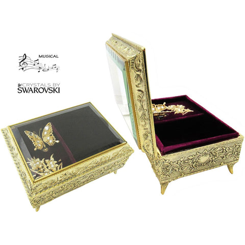 Glass Top Music Box, ", Fluttering Butterfly, Made Japan, Gold