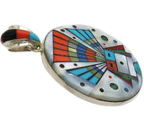 Native American Navajo Sterling Silver Multi Stone Inlay 2 Sided Disc Shape Corn Maiden Pendant with 18" Sterling Silver Chain