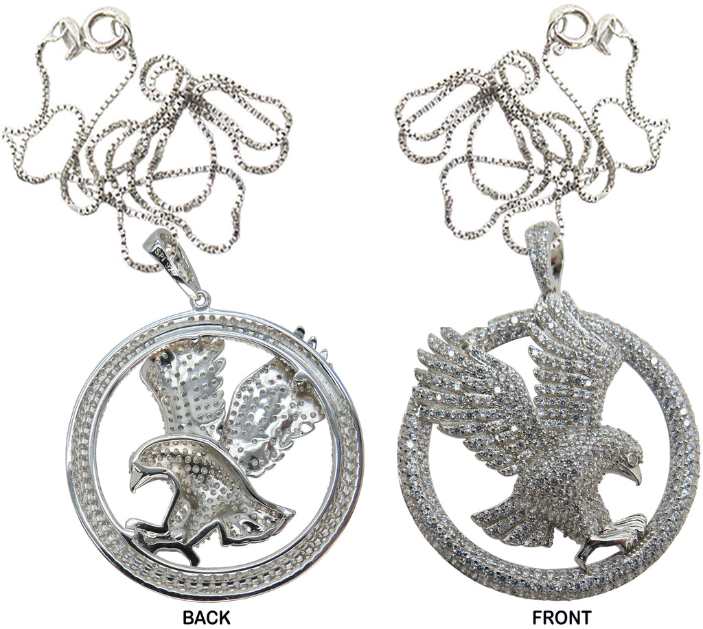 Iced Out Bling Sterling Round Bald Eagle Pendant with 20" Chain