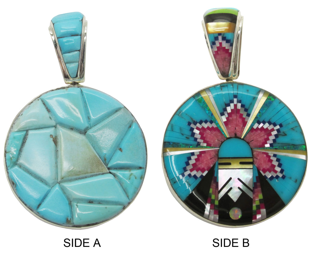 Native American Zuni Multi Stone Inlay Sided Round Pendant,