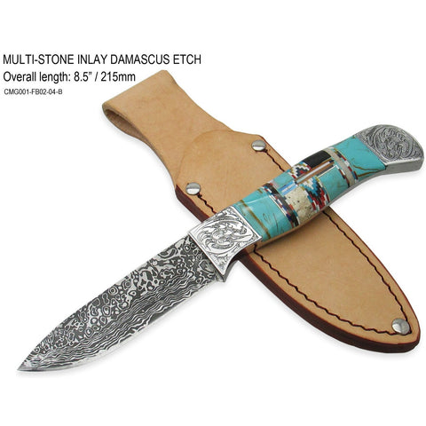 Southwestern Gemstone Inlay Damascus Fixed Blade Knife