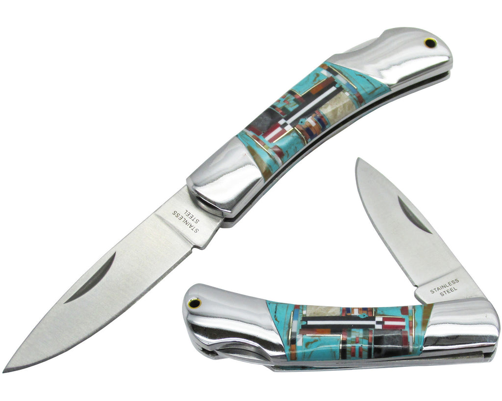 Southwestern Gemstone Inlay Pocket Knife, ", w/Bolsters