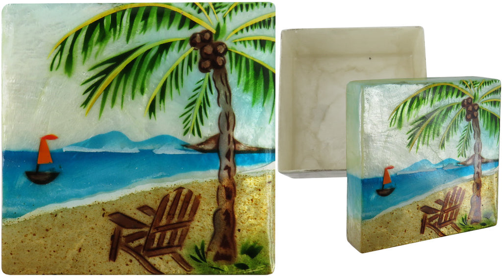Capiz Shell Trinket Box, 3", Palm Tree / Beach