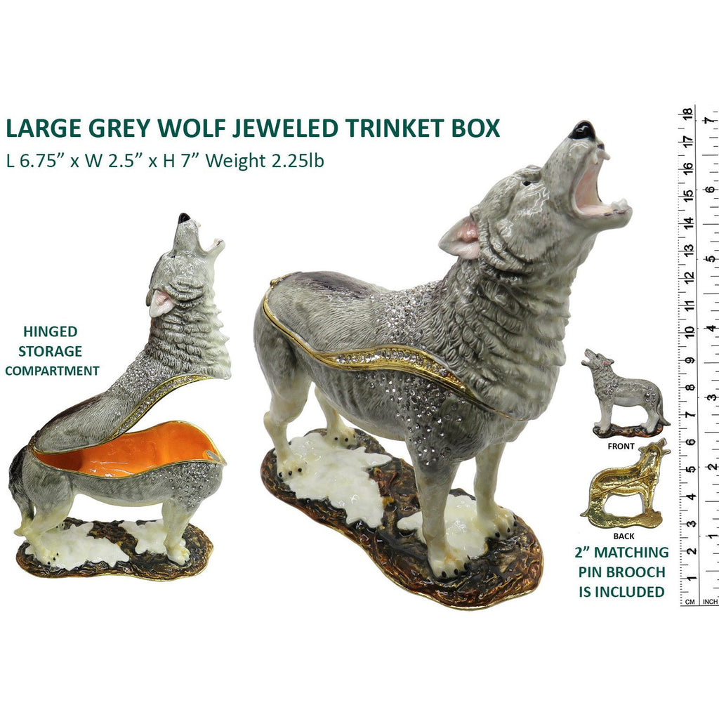 Large Grey Wolf Jeweled Trinket Box Austrian Crystals,