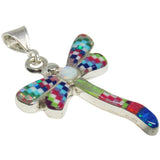 Multi Stone Inlay Sterling Silver Pendant Chain, Dragonfly