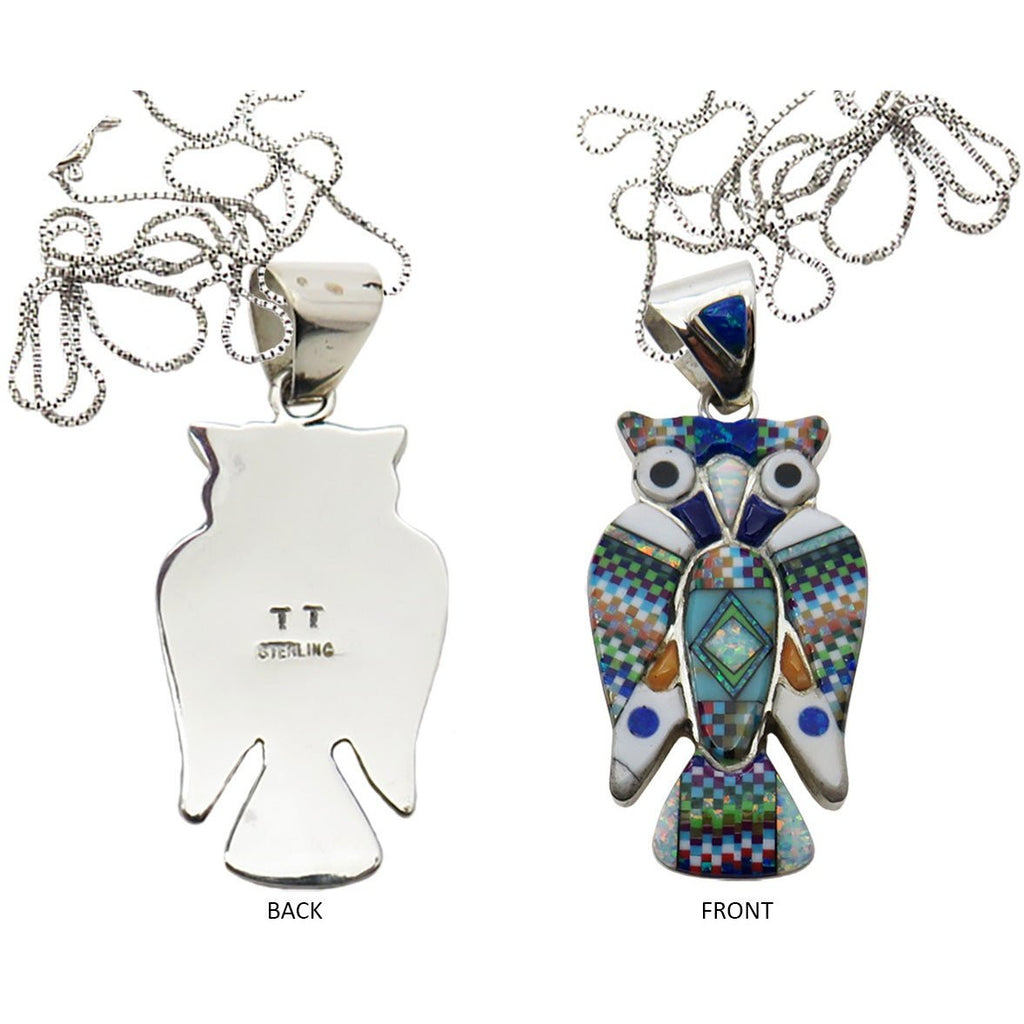 Multi Stone Inlay Sterling Silver Pendant Chain, Owl