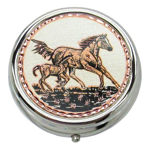 Southwestern Pill Box, Diamond Cut Copper Medallion Inlay, Horses