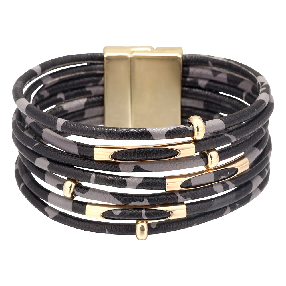 Multi-Layer Wrap Bracelet, Magnetic Clasp, Leopard Print, Black/Grey