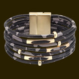 Multi-Layer Wrap Bracelet, Magnetic Clasp, Leopard Print, Black/Grey