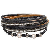 Leather, Crystals, Pearls Wrap Bracelet, Magnetic Clasp, Black