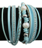 Leather, Crystals, Pearls Wrap Bracelet, Magnetic Clasp, Baby Blue