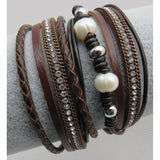 Leather, Crystals, Pearls Wrap Bracelet, Magnetic Clasp, Brown