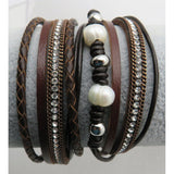 Leather, Crystals, Pearls Wrap Bracelet, Magnetic Clasp, Brown