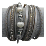 Leather, Crystals, Pearls Wrap Bracelet, Magnetic Clasp, Grey