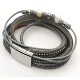 Leather, Crystals, Pearls Wrap Bracelet, Magnetic Clasp, Grey
