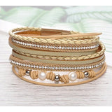 Leather, Crystals, Pearls Wrap Bracelet, Magnetic Clasp, Tan