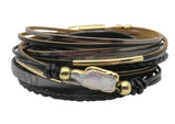 Leather Wrap Bracelet Large Baroque Pearl, Magnetic Clasp, Black