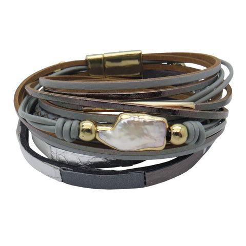 Leather Wrap Bracelet Large Baroque Pearl, Magnetic Clasp, Grey
