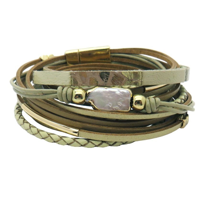 Leather Wrap Bracelet Large Baroque Pearl, Magnetic Clasp, Tan