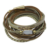 Leather Wrap Bracelet Large Baroque Pearl, Magnetic Clasp, Tan